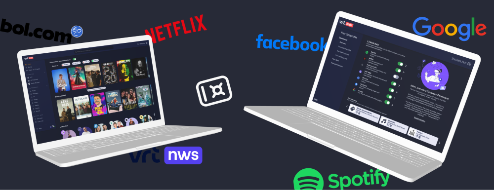Two laptops displaying the VRTMAX streaming platform, surrounded by the logos of netflix, facebook, spotify, google, vrtnws and a data vault.