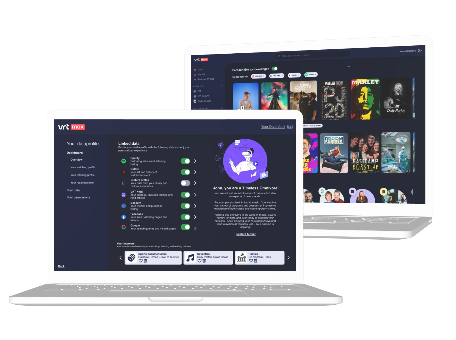 Two laptop mockups of the VRTMAX streaming homepage and the data vault tab.
