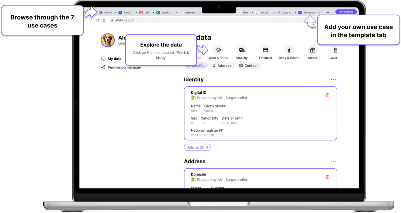 Mockup of the interactive figma prototype displaying the personal data store.