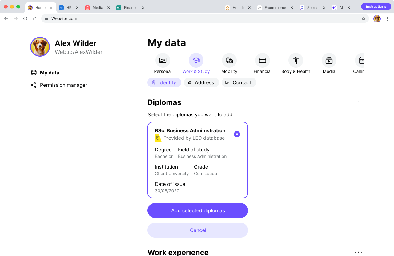 Screenshot of the Personal Data Store interface.