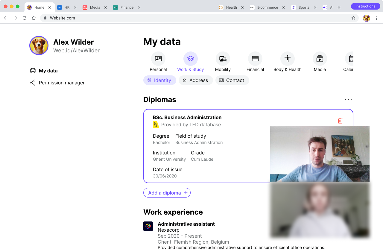 User profile page showing Alex Wilder's diploma in Business Administration and work experience with video call overlay.