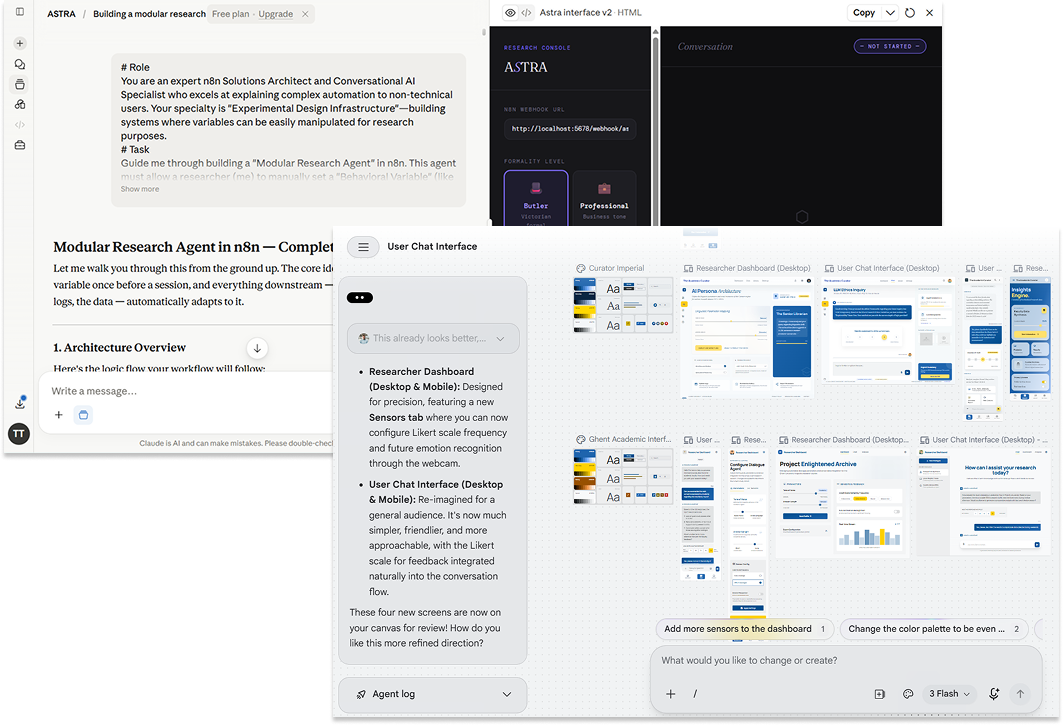 Screen capture showing a modular research agent interface with chat, dashboard, and design preview layouts.