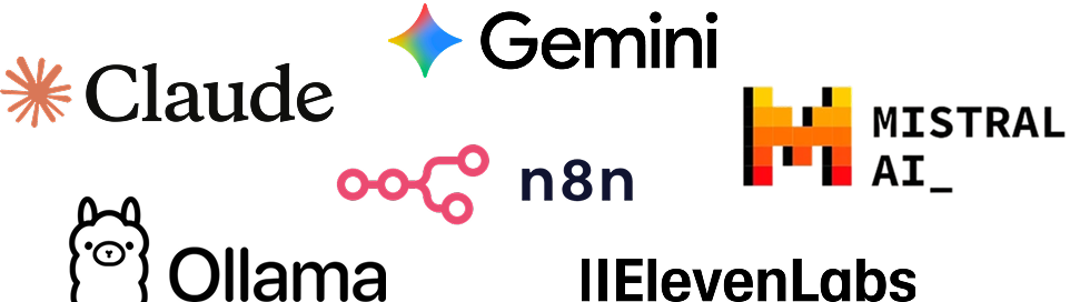 Logos for AI tools including Claude, n8n, Mistral AI, and Ollama with colorful and black-and-white designs.