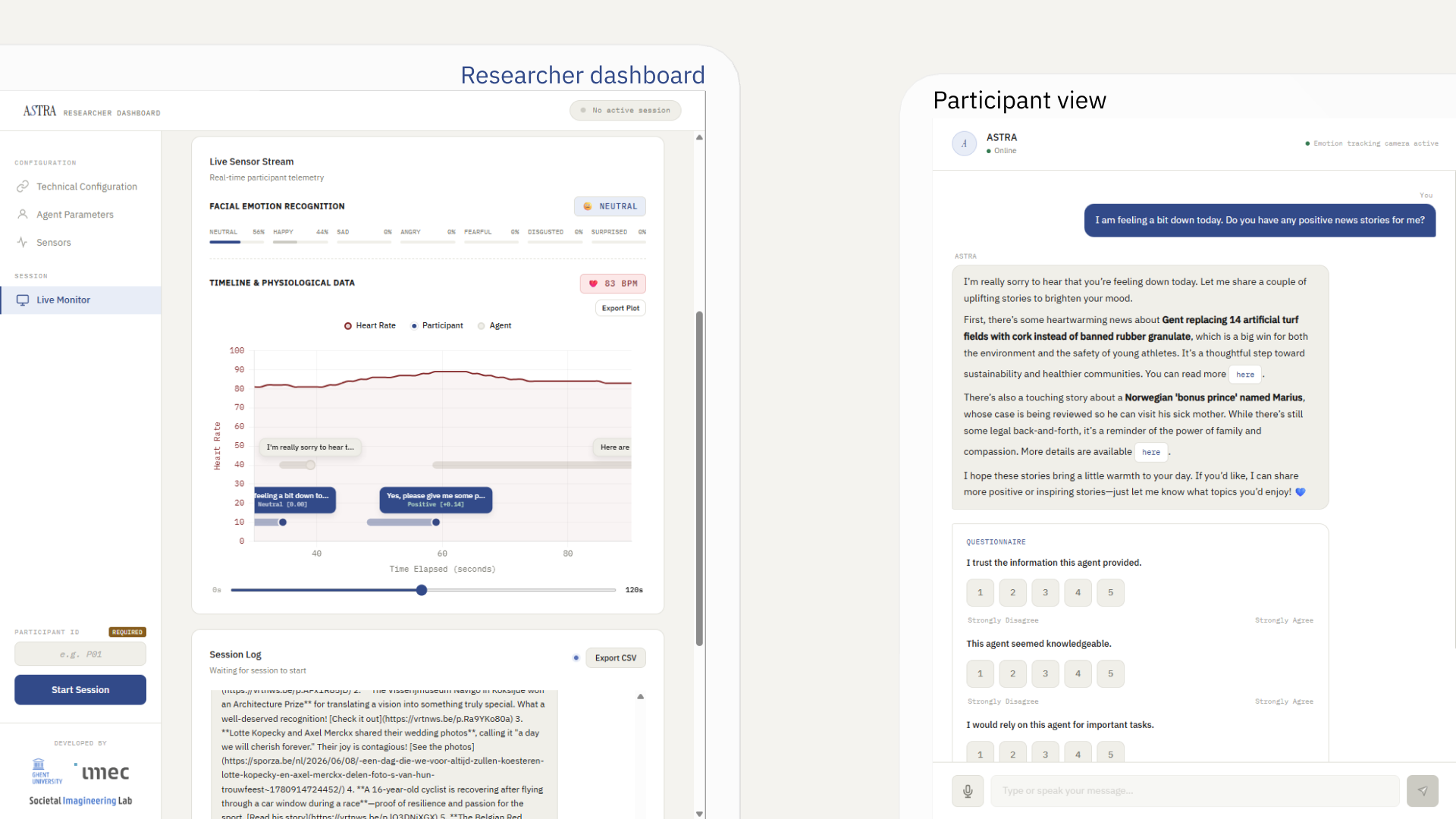 Researcher dashboard shows live heart rate, emotion data, and conversation chat with participant feedback survey.