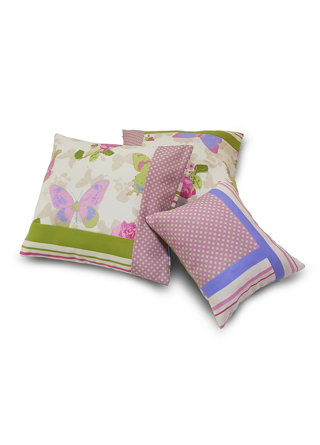 Комплект подушок з малюнком метеликів, полосок та кружечків