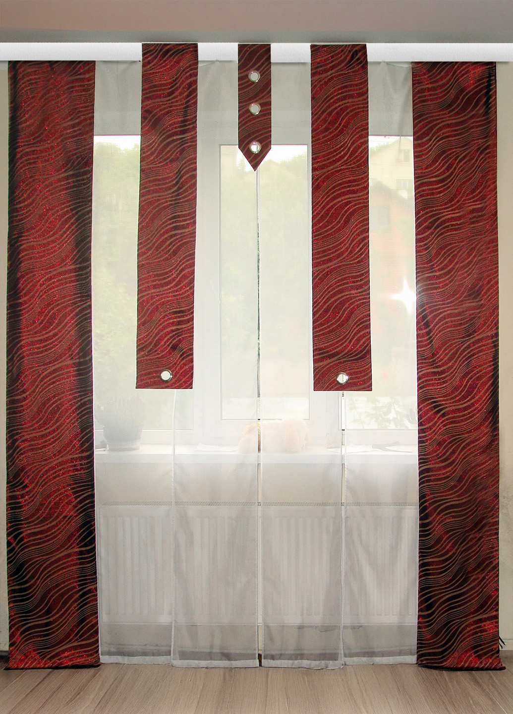 Комплект штору та панельних гардин з органзи та парчі