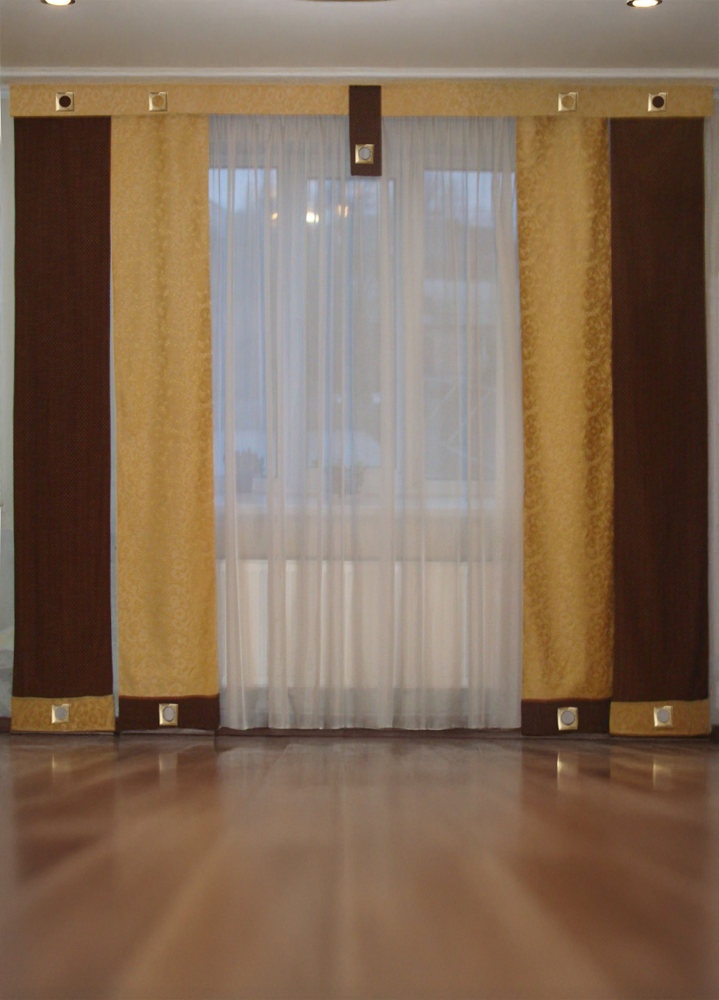 Комплект панельних тюль і штор з жорстким ламбрекеном Firanka на карниз 2м50см коричневі та пісочні (21_1т)