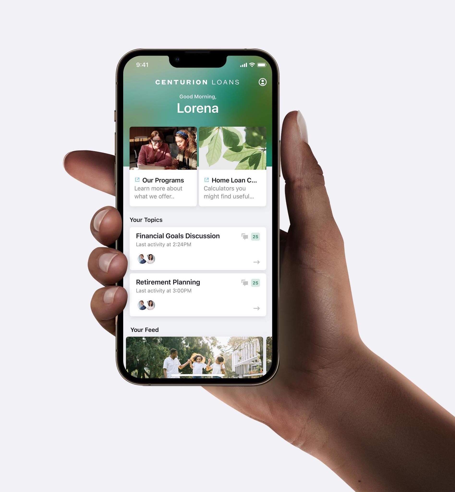 Moxtra-powered OneStop Client Hub screen on mobile phone in hand