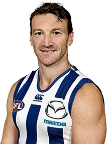 a male AFL player named Brent Harvey in a blue and white North Melbourne jersey