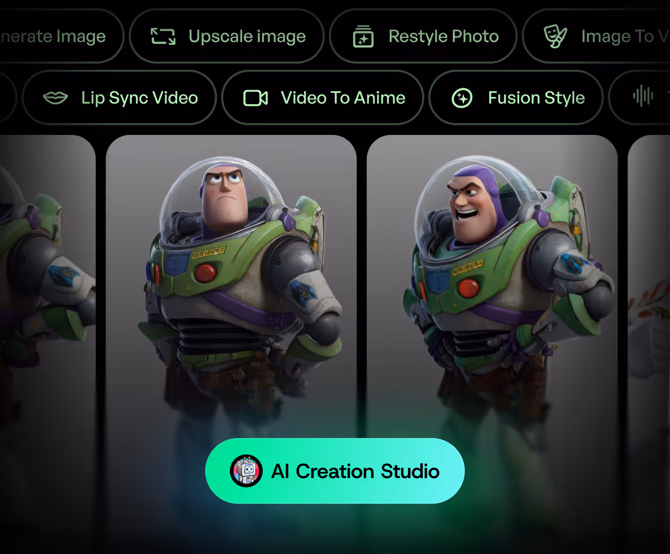 Digital interface showcasing two 3D renders of Buzz Lightyear character from Toy Story in different facial expressions.