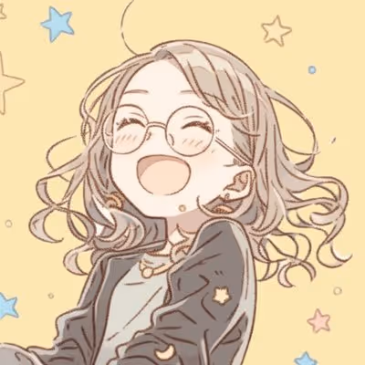 Smiling anime-style girl with glasses and wavy hair surrounded by colorful stars on a light background.
