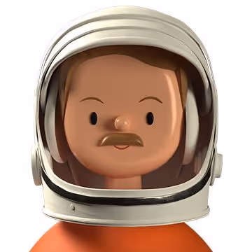 Cartoon astronaut with a mustache wearing a white space helmet and orange suit.