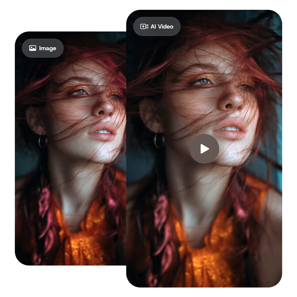 Close-up portrait of a woman with red hair and orange top, with hair strands blowing across her face.