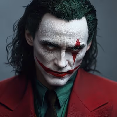 Close-up of a person with Joker makeup, green slicked-back hair, red suit, and intense expression.