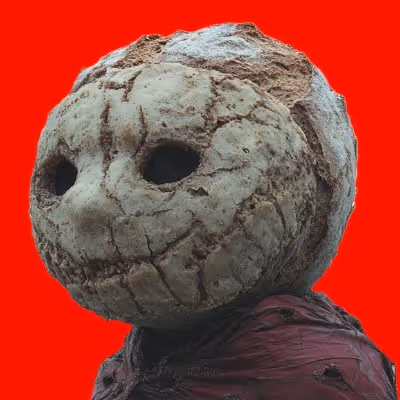 Character with a large cracked stone-like mask resembling a grotesque smiling face and wearing a dark textured cloak against a red background.