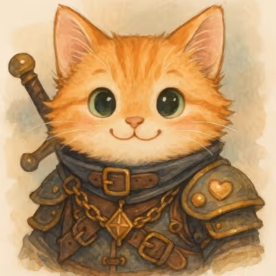Illustration of a cute orange tabby cat with green eyes wearing medieval armor and a sword on its back.