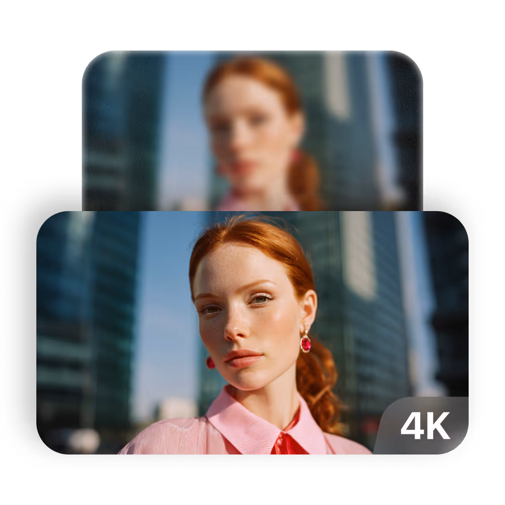 Close-up of a red-haired woman wearing pink blouse and red earrings with blurred city skyscrapers in the background.