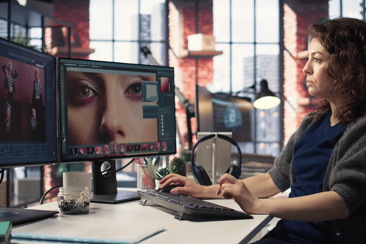 A woman intensely edits photos on dual monitors in a modern office with large windows. The scene conveys focus and creativity in digital photo work.