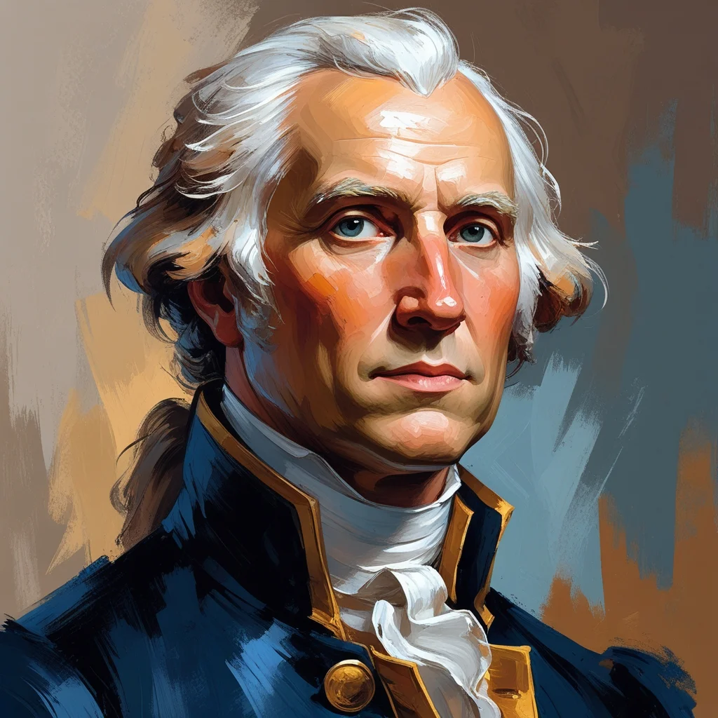 A portrait of a historical figure in an elegant blue uniform with gold accents and a ruffled white cravat, set against a muted background.