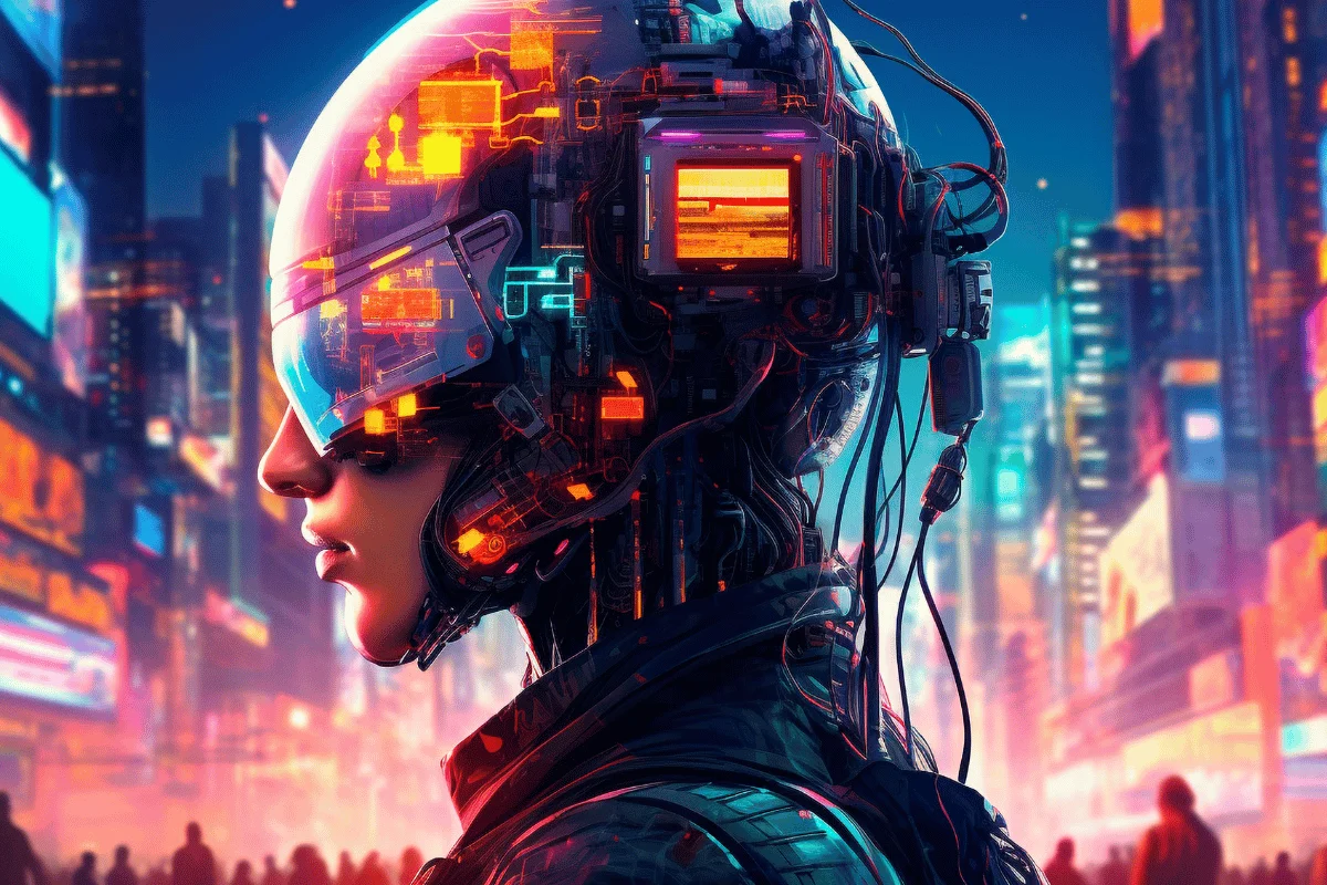 A cybernetic figure stands against a vibrant, neon-lit cityscape, illuminated by colorful digital displays and futuristic elements.