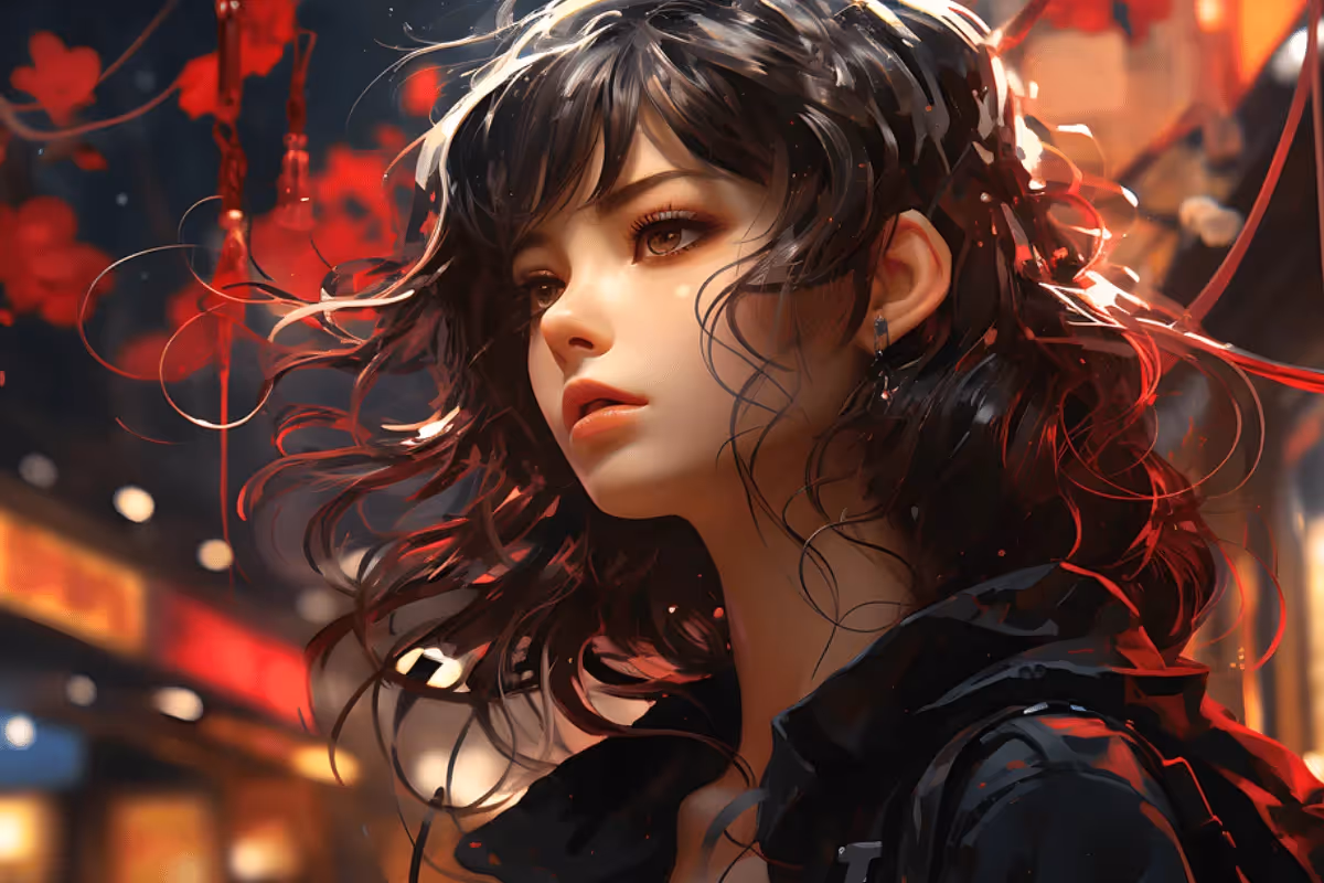 A woman with long, curly hair, wearing a black jacket, stands in a vibrant urban setting adorned with red leaves and warm lights.