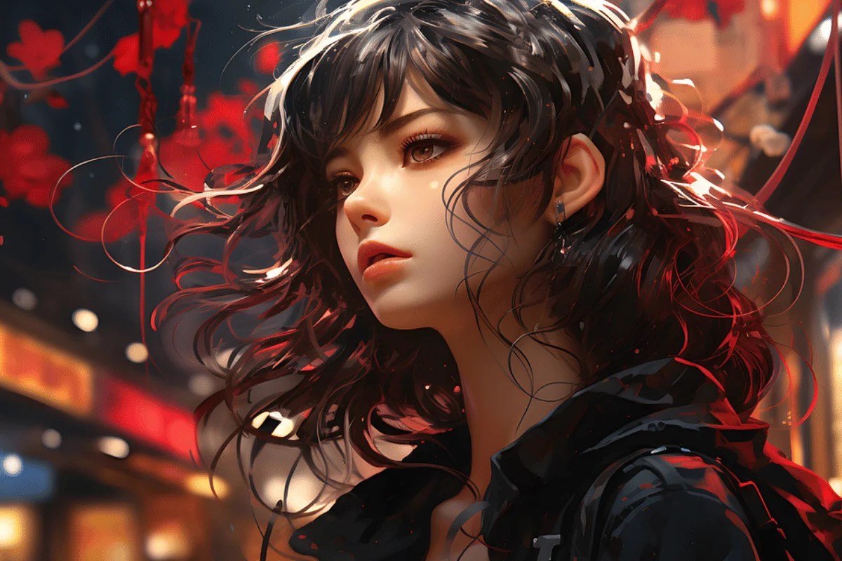 A woman with long, curly hair, wearing a black jacket, stands in a vibrant urban setting adorned with red leaves and warm lights.