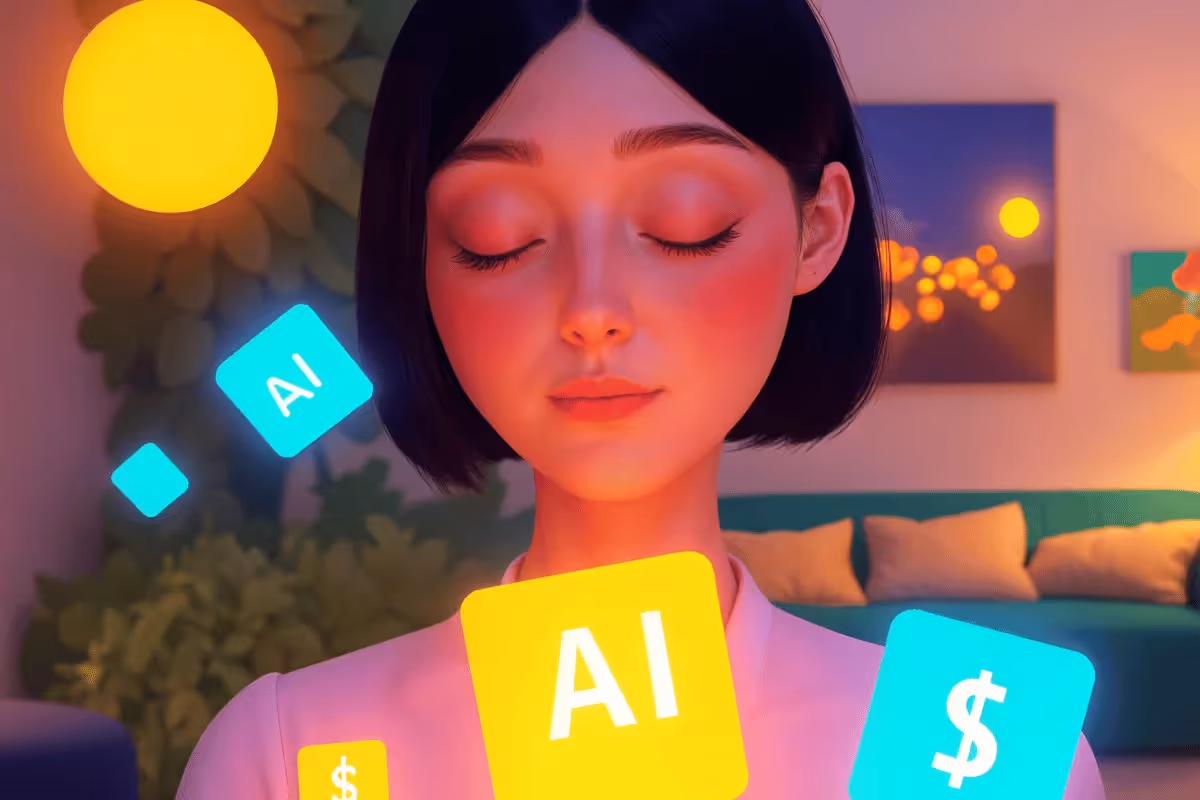 A woman in a bright room with floating icons labeled 'AI' and dollar signs, symbolizing technology and finance.