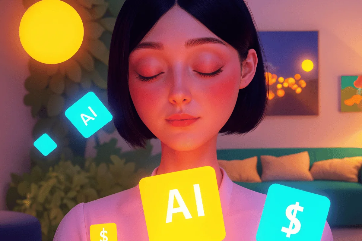A woman in a bright room with floating icons labeled 'AI' and dollar signs, symbolizing technology and finance.