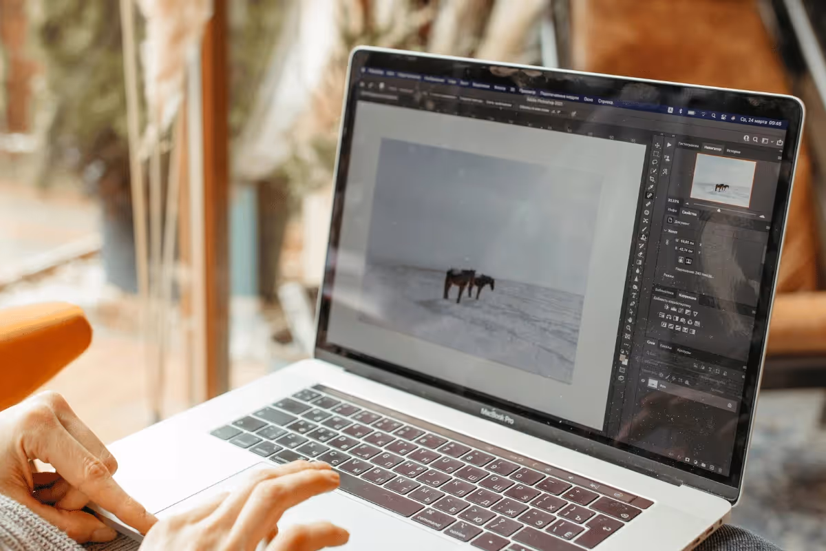 A person uses a MacBook Pro, editing a photo of a horse in a snowy landscape on Photoshop. The setting is warm and cozy, with soft natural light.