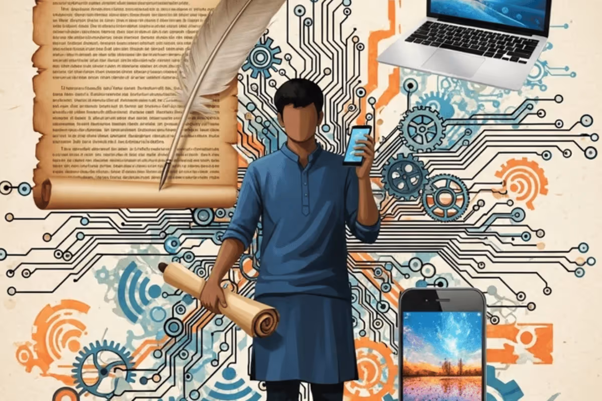 A person in traditional attire holds a smartphone and a scroll, surrounded by digital circuits, a laptop, and a quill pen.
