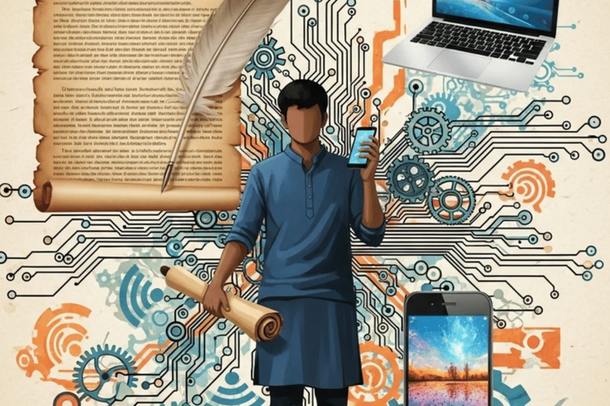 A person in traditional attire holds a smartphone and a scroll, surrounded by digital circuits, a laptop, and a quill pen.