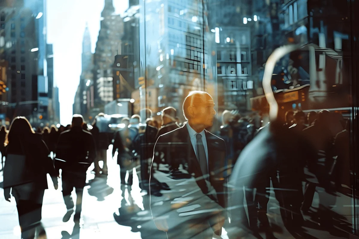 A bustling city street filled with pedestrians, sunlight reflecting off buildings, creating a dynamic urban scene.