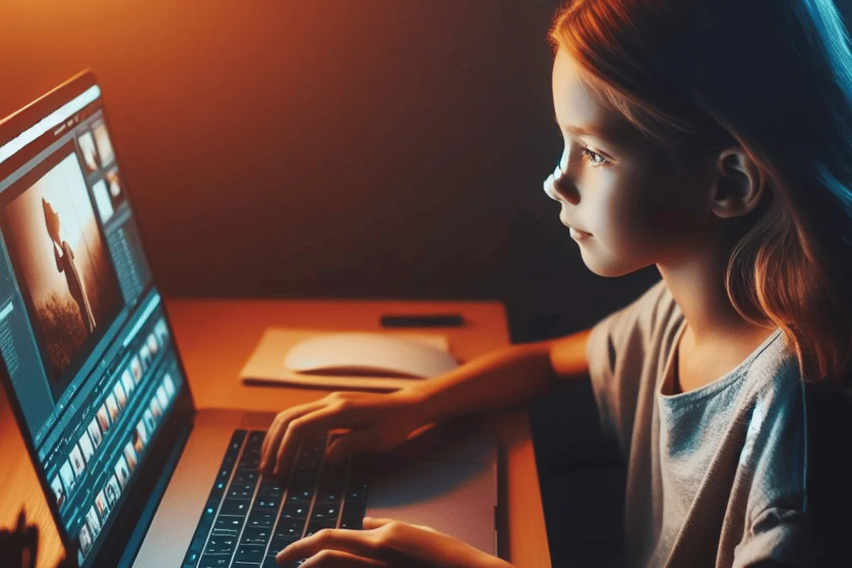 A person is working on a laptop in a dimly lit room, focused on editing images displayed on the screen.