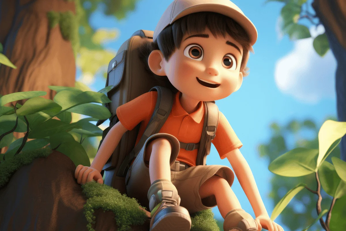 A cheerful animated boy with brown hair and a cap sits on a tree branch. He wears an orange shirt, shorts, and a backpack, surrounded by vibrant green leaves.