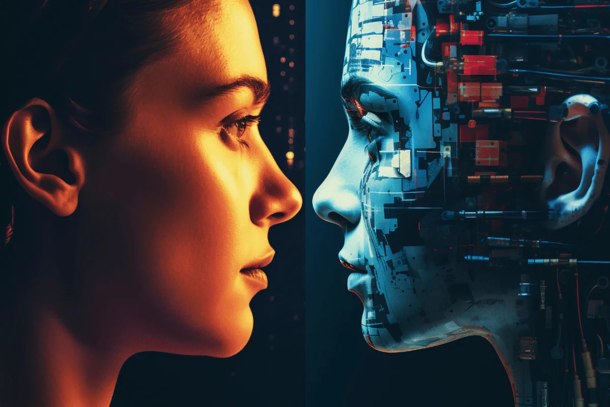 A close-up view of two contrasting ears; one is human and natural while the other appears robotic or artificial in design.