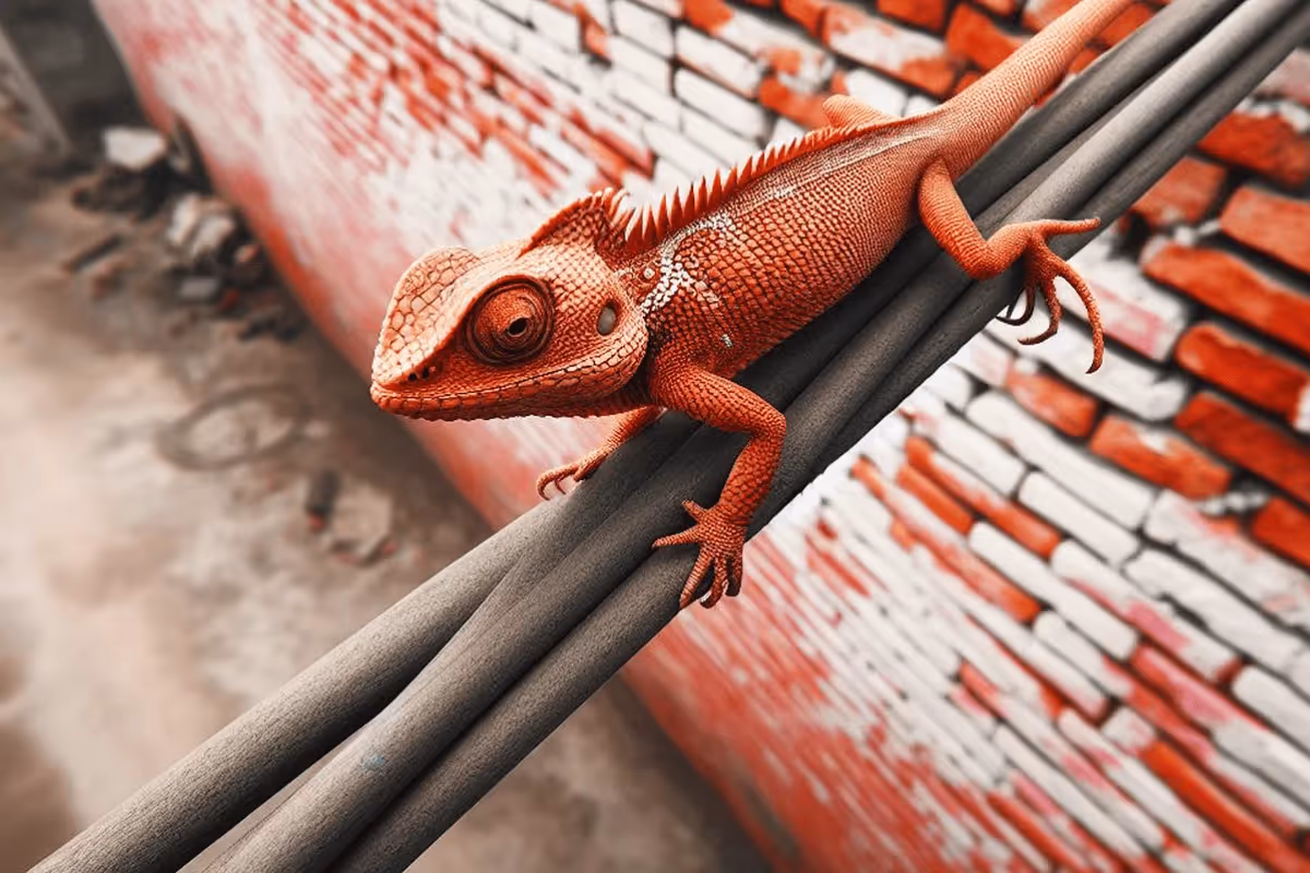A vivid red chameleon lies on gray pipes against a red and white brick wall. The chameleon's textured skin and alert posture convey focus and agility.