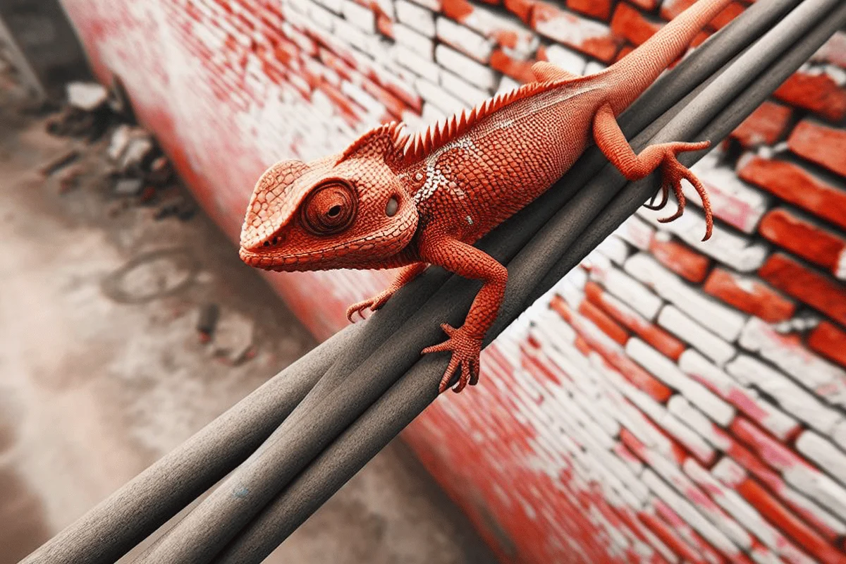 A vivid red chameleon lies on gray pipes against a red and white brick wall. The chameleon's textured skin and alert posture convey focus and agility.