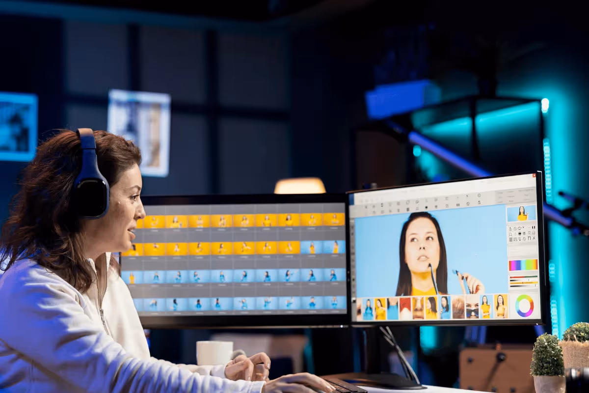A focused woman wearing headphones edits a photo on dual monitors. The room is dimly lit with neon lights, creating a focused and creative atmosphere.