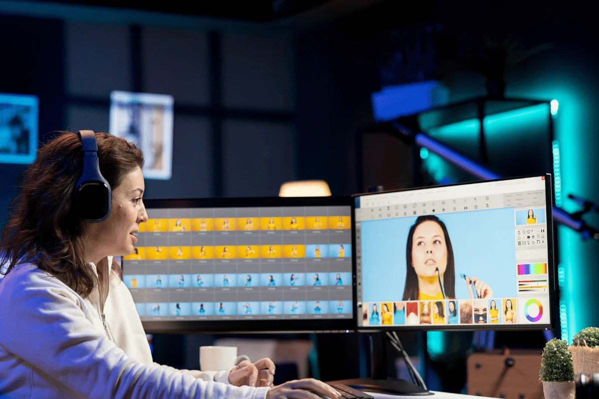 A focused woman wearing headphones edits a photo on dual monitors. The room is dimly lit with neon lights, creating a focused and creative atmosphere.