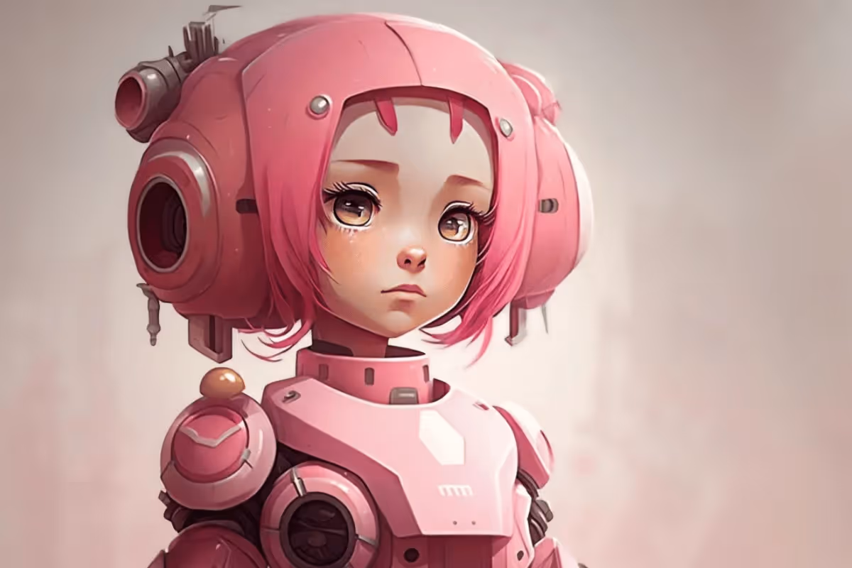 A futuristic character with vibrant pink hair and a sleek robotic suit, equipped with various high-tech gadgets.