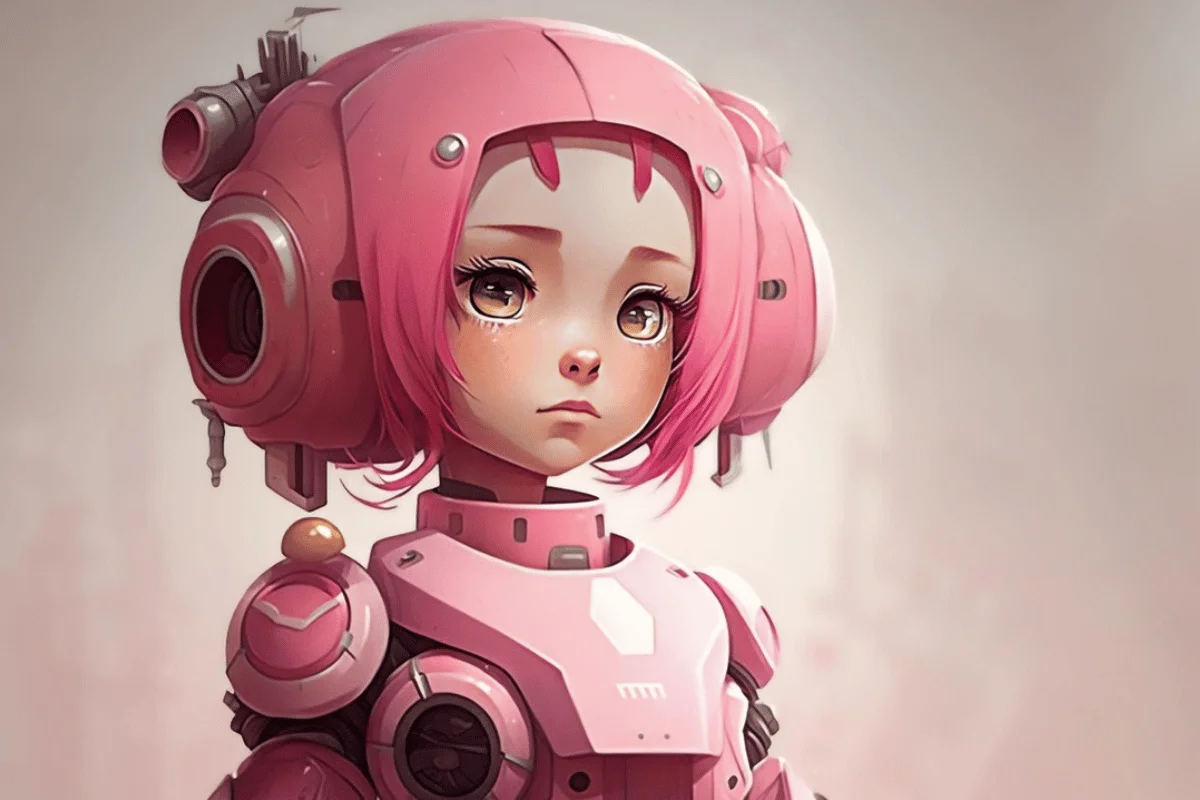 A futuristic character with vibrant pink hair and a sleek robotic suit, equipped with various high-tech gadgets.