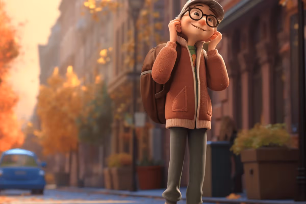 A young person in a cozy brown jacket and backpack stands on a sunlit street lined with autumn trees, showcasing a lively urban scene.