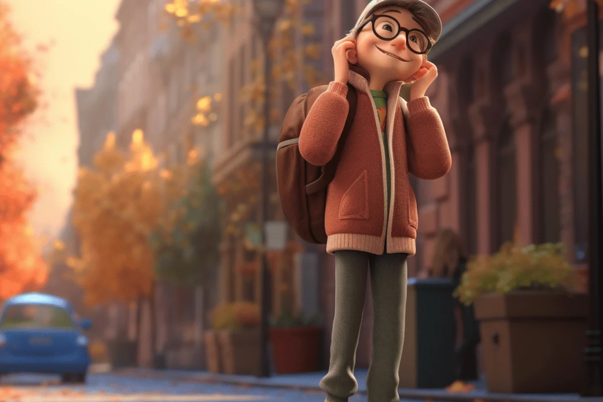 A young person in a cozy brown jacket and backpack stands on a sunlit street lined with autumn trees, showcasing a lively urban scene.