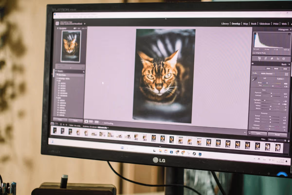 A computer monitor displays an edited photo of a Bengal cat, with editing tools visible in the software interface.