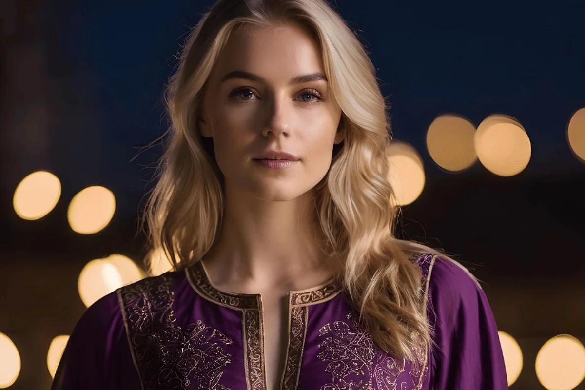 A pretty lady with long blonde hair wearing a purple dress with gold embroidery stands confidently against a blurred background of warm bokeh lights at night.