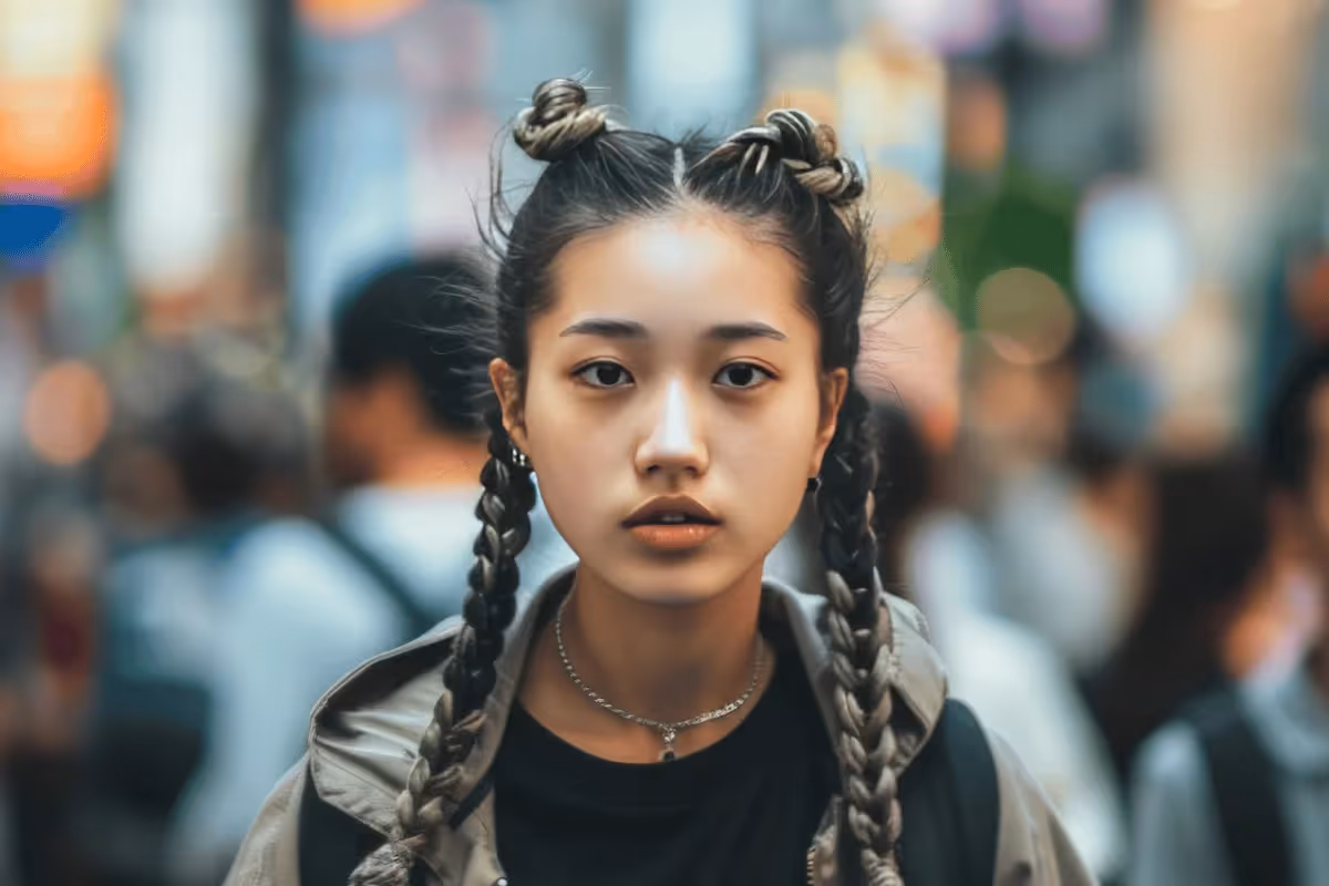 Young woman with braided hair in buns stands in a busy, blurred city street. Her expression is calm and focused. The atmosphere is vibrant and dynamic.