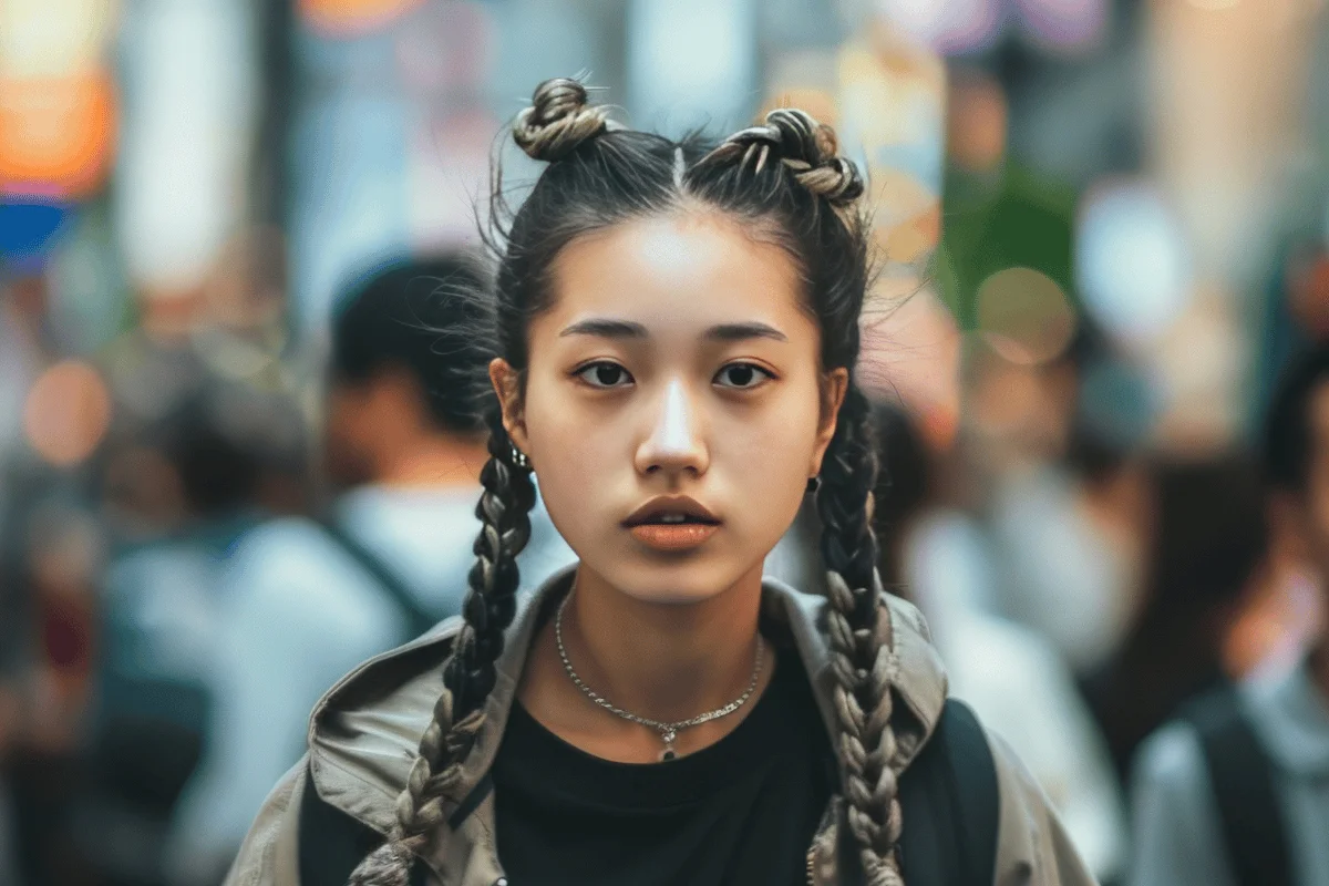 Young woman with braided hair in buns stands in a busy, blurred city street. Her expression is calm and focused. The atmosphere is vibrant and dynamic.