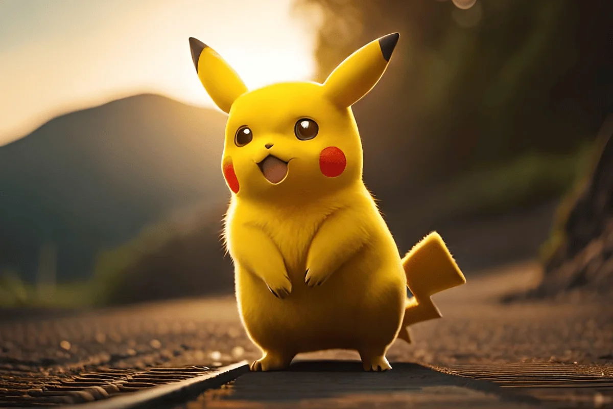 A joyful Pikachu stands on a train track at sunset. The warm light highlights its bright yellow fur and red cheeks, conveying a cheerful and playful mood.