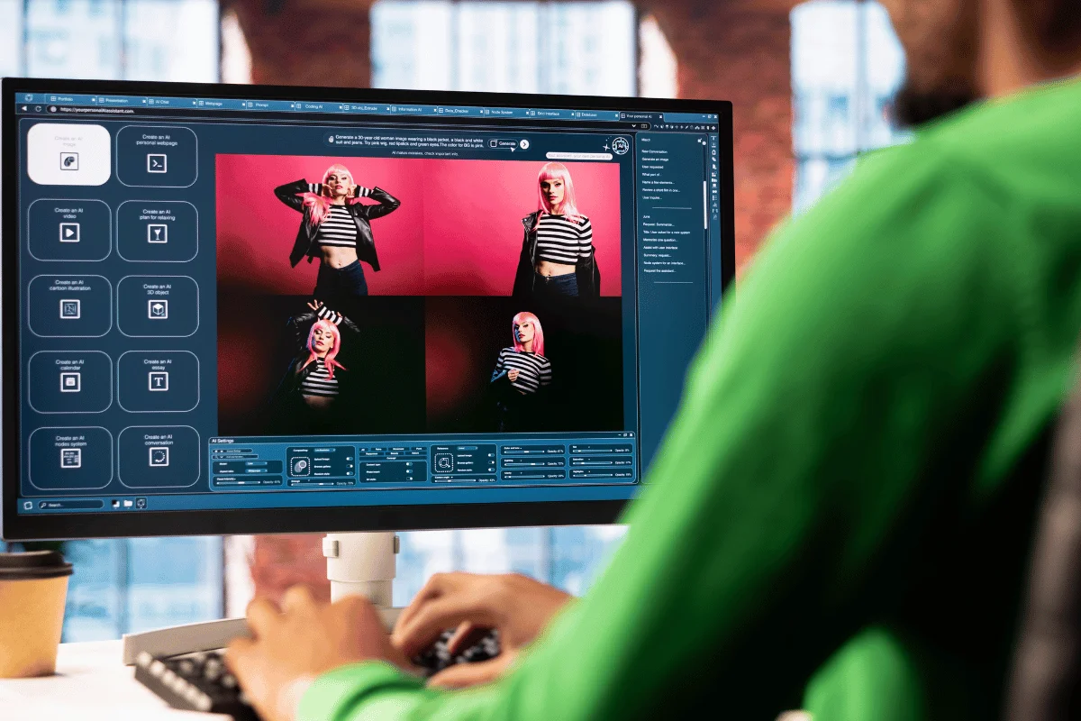 Person editing multiple portrait photos on a desktop computer screen.