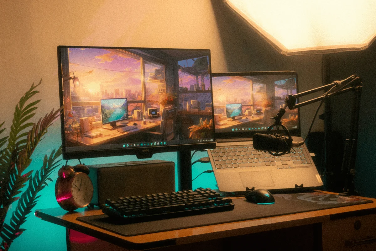 A cozy desk setup with dual monitors displaying a sunset cityscape wallpaper. A keyboard, mouse, microphone, and plant create a warm, inviting ambiance.